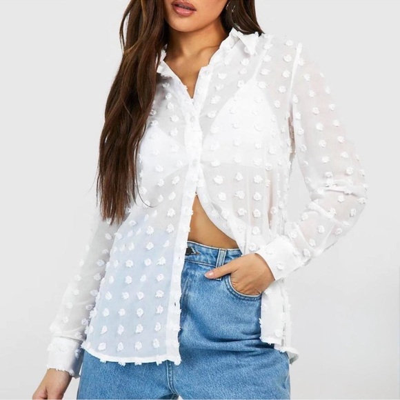 Boohoo White Textured Button Down Shirt - Picture 1 of 4